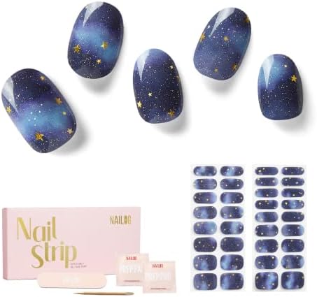 Nailog Semi Cured Gel Nail Strips 34 pcs| Long Lasting Nail Polish Sticker Wraps with Glossy Gel Finish, Starry Night