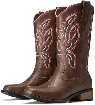 Athlefit Cowboy Cowgirl Boots for Women – Mid‑Calf Square‑Toe, Pull‑On, Embroidered Low‑Heel in Pink...