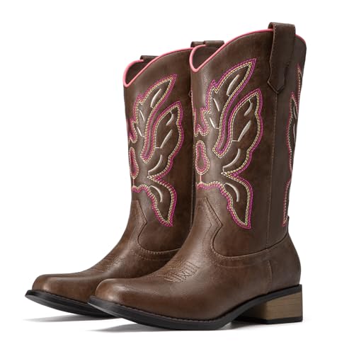 Athlefit Cowboy Cowgirl Boots for Women – Mid‑Calf Square‑Toe, Pull‑On, Embroidered Low‑Heel in Pink/Brown (Size 8.5)