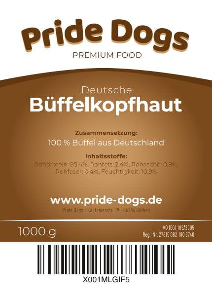 Büffelkopfhaut 1000g der Premium Kausnack für Hunde von PrideDogs | 20 cm/Stück | 100% Deutsche Herstellung | geruchsneutraler Beutel
