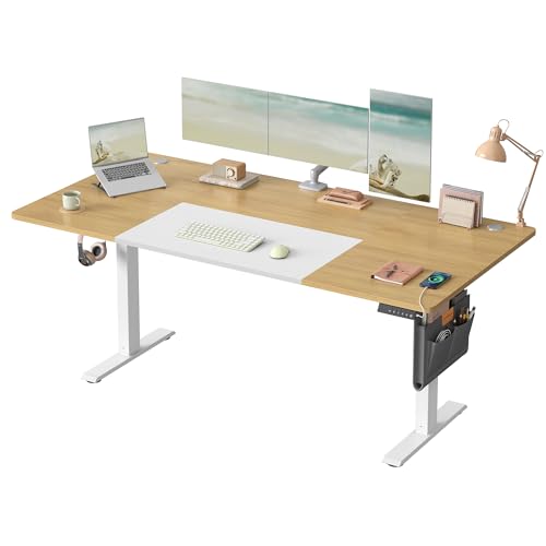 SONGMICS Biurko elektryczne z regulacją wysokości, 180 x 80 cm, płynna regulacja, funkcja pamięci z 4 wysokościami, port USB-C, dąb naturalny - matowa biel LSD028YD02