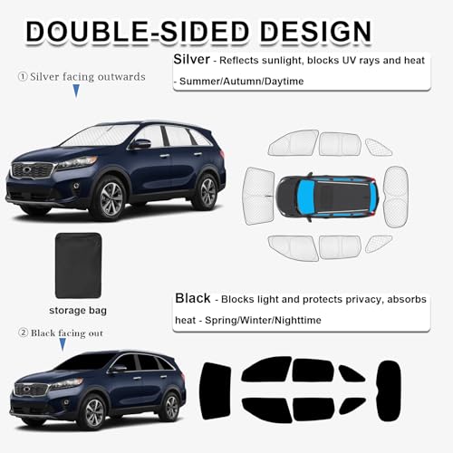 Image of KMF 8pcs Thicken Sun Shades for Kia Sorento 2016-2020 Accessories, Custom Fit Full Car Window Covers Sunshade for Windshield Side Rear, UV Block and Blackout Privacy for Car Camping Outdoor