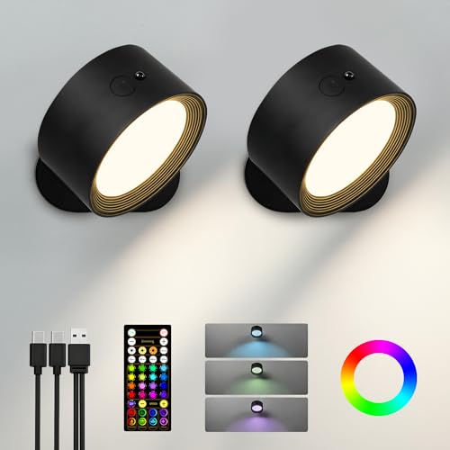 Image of Wall Mounted Lights, 2 Pack Rechargeable RGB Color Changing Light, 3 Color Temps & Remote and Touch, 360Rotation Dimmable Cordless for Study Bedroom Reading Bedside (Black)