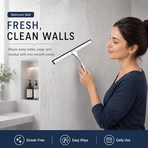 Image of Shower Squeegee for Glass Doors, Stainless Steel Bathroom Squeegee with 3 Kinds of Waterproof Adhesive Hooks, 10 Inch Window Mirror Tile Wall Car Glass Cleaner Tool, Streak-Free Silicone Blade