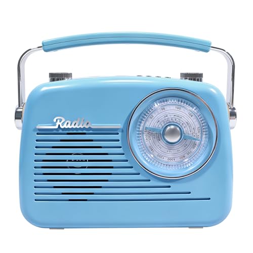 Radio portátil AM FM SW retro con Bluetooth y USB azul