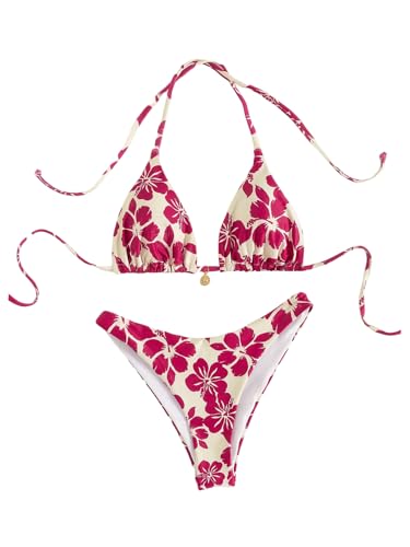 SOLY HUX Women's Boho Floral Print Halter Swimsuit Tie Back High Cut Bikini Set 2 Piece Bathing Suit