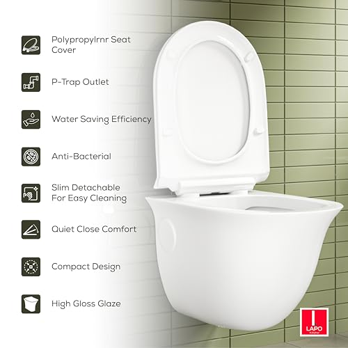 Image of LAPO P Trap Wall Hung Toilet, Ceramic Rimless Commode, Wall Hung Western Toilet With Soft Closing Toilet Seat (White, 20x14x15 Inch)-MRR