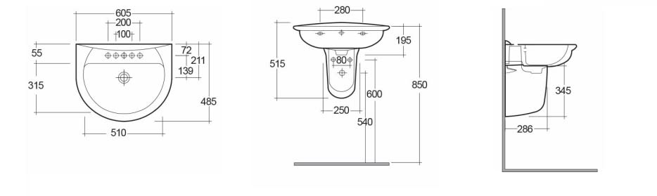 Lavabo suspendido 60 x 48,5 cm de cerámica Serie Oxford - Blanco, con columna