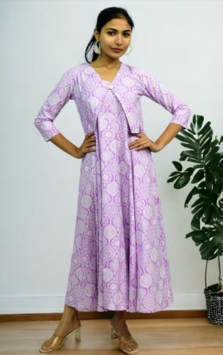 Image of JAIPUR HAND BLOCK Sleeveless Cotton A Line Dress|Gown with Jacket S63