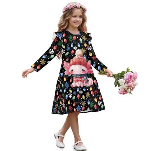 Girls Long Sleeve Dress Cute Ruffle Tiered Swing Dresses Pleated A-line Skater Twirly Midi Sundress for 3-14 Kids