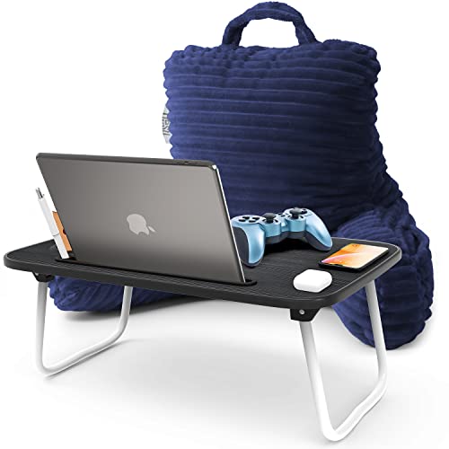 Image of Nestl Navy Blue Reading Pillow with Bed Desk for Laptop and Writing, Luxe Cut Plush Back Pillow for Sitting Up, Back and Arms Adjustable Support for Kids and Teens, Foldable Lap Desk for Bed 19x11 inch