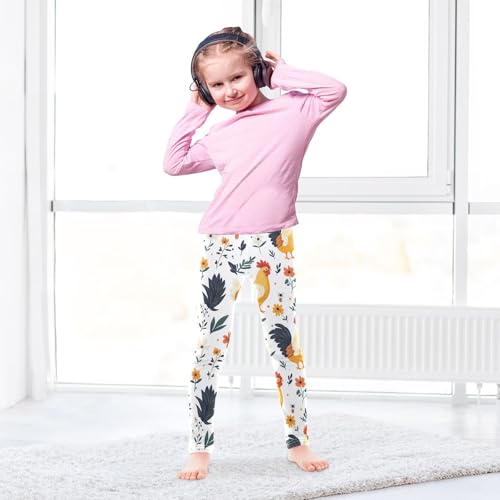Boccsty Cute Yellow Chick Flower Colorful Roosters Girls Leggings Kids Yoga Pants Dance Active Tights 4T4