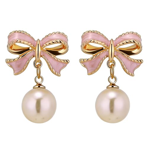 Boucles d'oreilles nœud rose à perles pour mariage et bal