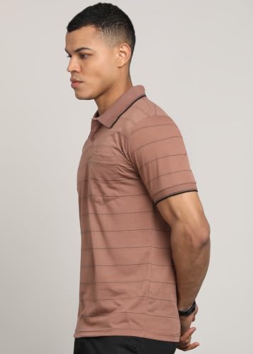 Image of INKKR Men Striped Polo Neck Cotton Blend T-Shirt