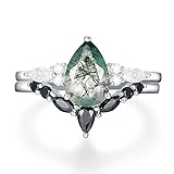 IRROYA 1.50 Carat Pear Cut Natural Moss Agate Wedding Rings Sets - Genuine Moissanite Engagement Rin
