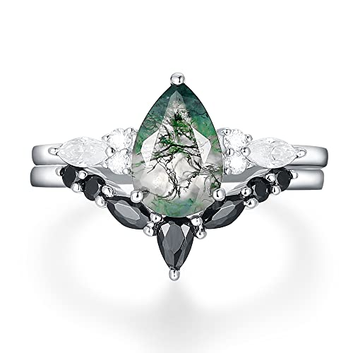 Irroya 1.50 Carat Pear Cut Natural Moss Agate Wedding Rings Sets - Genuine Moissanite Engagement Ring - Black Spinel Eternity V Shaped Wedding Band - Sterling Silver Matching Rings - Art Deco Ring Sets - Platinum Plated 925 Silver Statement Ring - Gifts For Women - Dainty Promise Ring (7) #TOP17