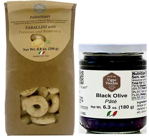 Vigne Vecchie Tarallini with Potatoes and Rosemary (1 bag; 8.8 oz) and Vigne Vecchie Black Olive Pate (1 jar; 6.3 oz) Bundle | Imported from Italy