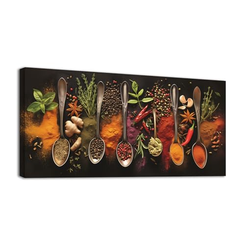 Wewejia Spice Wall Art 40x20 inch, Colorful Kitchen Canvas Wall Art Poster Print Spice Herb Spoon Food Picture Artwork Suitable for Home Room Kitchen Dining Room Decor Home Decor Gift