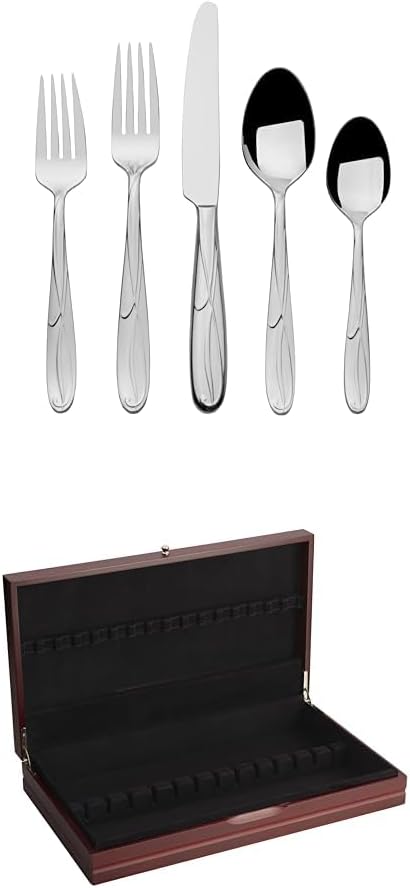 Mikasa 5061639 Cocoa Blossom 65-Piece 18/10 Stainless Steel Flatware Set with Hostess Serving Utensil Set, Service for 12,Silver, and 19 inch Flatware Storage Chest