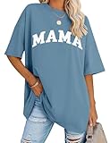 LOMON Mama Shirt for Womens Oversized T Shirts Loose Fit Cotton Crewneck Short Sleeve Plus Size Tees (Blue Grey Letter,L)