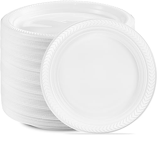 PLASTICPRO 400 PCS White Plastic Round 9 Inch Plastic Plates Premium Quality Light Weight Disposable Dishes Dinner Plates for Parties Weddings
