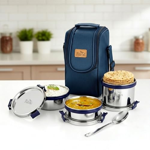 Image of PDDFALCON Stainless Steel EcoNxt Clover Lunch Box Set of 3 containers with Insulated Bag, BIS Certified, Jindal Seal & Made in India (Navy Blue - 1000ml)
