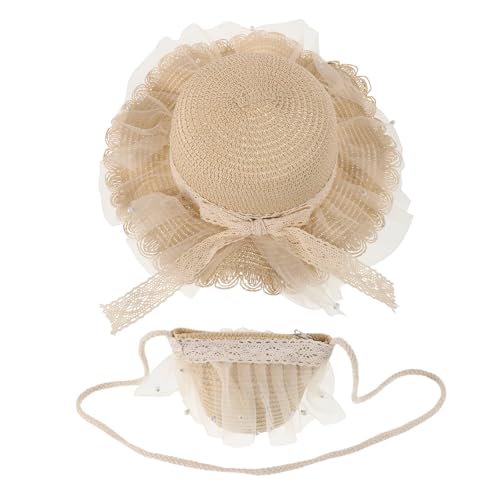 Garneck Conjunto Niña Sombrero Paja Niña y Bolso Beige para Celebracion Verano, Diseño Princesa de Encaje Cómodo y Transpirable Adecuado para Playa y Actividades al Aire Libre