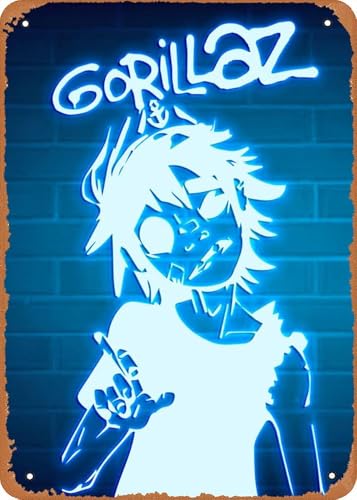 Music Gorillaz Neon 3 - Cartel de metal de estaño de 20,3 x 30,5 cm, decoración de pared retro vintage, 20,3 x 30,5