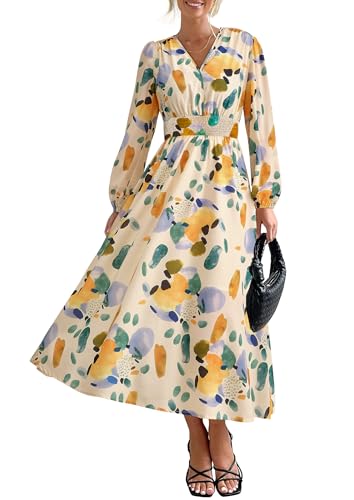PRETTYGARDEN Women's Floral Midi Dress Casual Fall V Neck Long Sleeve Flowy Spring Beach Wedding Guest Vacation Dresses