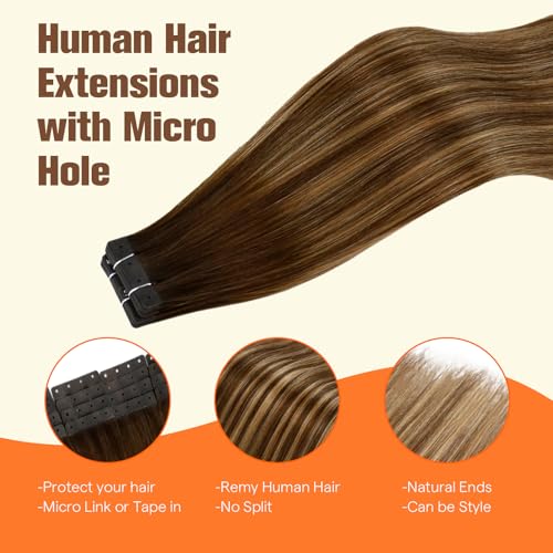 Image of Full Shine Holed Tape in Hair Extensions, Medium Brown Honey Blonde 24 Inch | 50g 20 PCS, Remy Human Hair Extensions Tape In, Invisible Construction, Full Appearance, Party Styling, Straight Texture