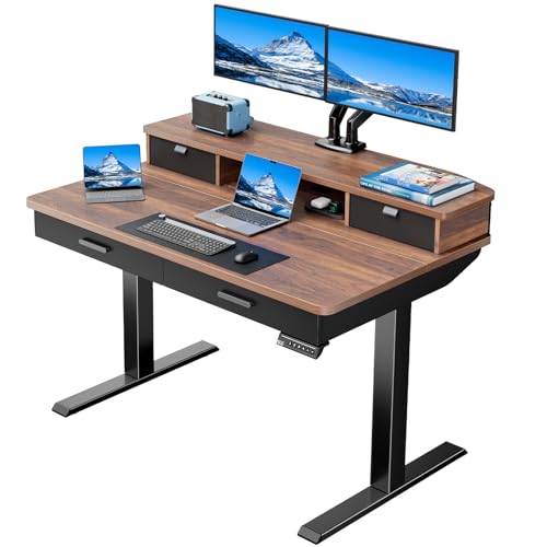 HUANUO 48 x 30 inch Electric Standing Desk with 4 Drawers, Adjustable Height Sit Stand Home Office Desk with Two Tiers, Ergonomic Adjustable Stand up Desk C-Clamp Monitor Mount Compatible, Walnut