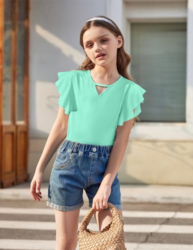 Image of Arshiner Girls Shirts Short Sleeve Tee Ruffle Solid Summer Keyhole Neck Cotton Blouse Tops