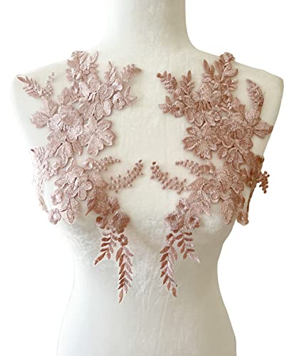 Pepperlonely 1 Pair Lace Sequin Flower Sew On Embroidered Lace Applique Wedding Dress Bride's Headdress Adornment Diy Patch Clothing Accessories, 14 X 9 Inches - Pink #TOP4