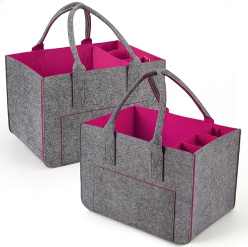 WEIWUXIAN 2 Piezas 30L Grande Bolsas de Fieltro para la Compra con Compartimentos, Bolsa de Fieltro Bolsa Plegable Cestas de Fieltro con Asa y Cierre Resistentes para Picnics, Compras (Rosa)