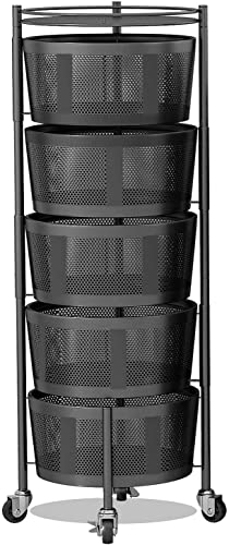 Rotating Baskets Storage Rack Round Black Kitchen 5 Tier Rolling Cart With Wheels Fruit Vegetable Baskets Organizer Stand For Bathroom,Bedroom #TOP10