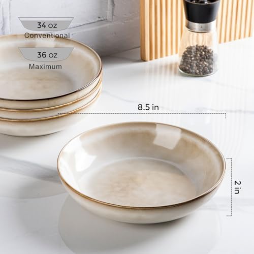 AmorArc 8.5'' Large Pasta Bowls, 36oz Ceramic Salad Serving Bowls Set of 6 for Kitchen, Wide Stoneware Bowls for Pasta,Salad,Fruit,Bread, Microwave Safe, Reactive-Color, APB007