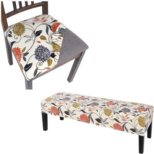 Searchi Chair Covers Bundle, Seat Covers For Dining Room Chairs Stretch Jacquard Chair Seat Covers Set Of 6, Dining Bench Cover Stretch Washable Upholstered Bench Slipcover #TOP26