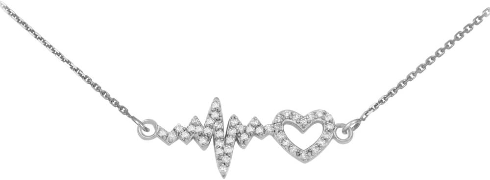 14k White Gold Lifeline Pulse Heartbeat Charm Open Heart Necklace with Diamonds