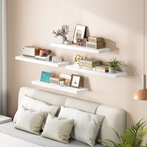 Image of HOOBRO Floating Shelves for Wall, Wall Mounted Shelf Set of 2, 31.5 inch Hanging Shelf with Invisible Brackets, for Wall Decor Storage in Bathroom Bedroom Kitchen Living Room Office, White WT80BJP201