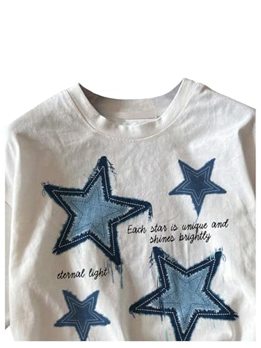 Women's Star Graphic Letter Print Tee Tops Casual Crewneck Short Sleeve T Shirt3