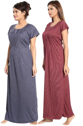 Image of Fabme Women's Polycotton Nursing Nightgown - Concealed Zip, Long, Textured Nighty for Maternity, Feeding