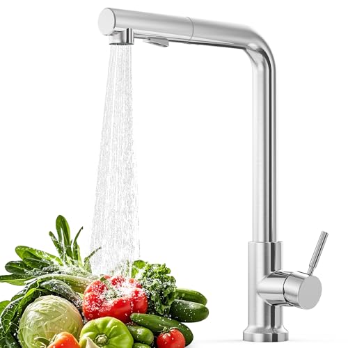 Robinet cuisine avec douchette extensible,Mitigeur cuisine monobloc 360° rotatif, Robinetterie en L,robinet inox moderne, 2 types de jets, robinet extensible pour évier de cuisine