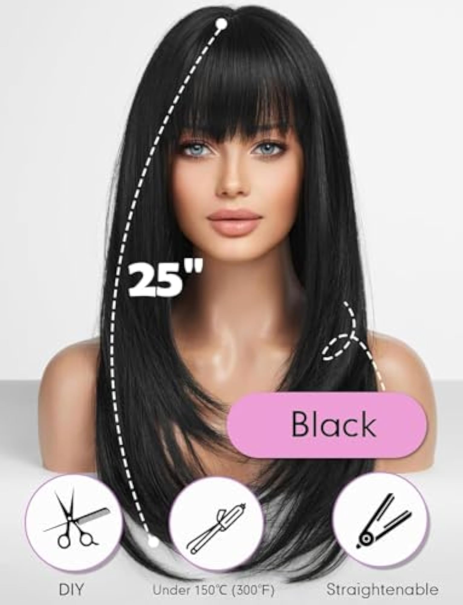Women's 24 Inch Black Layered Straight Wig with Bangs
