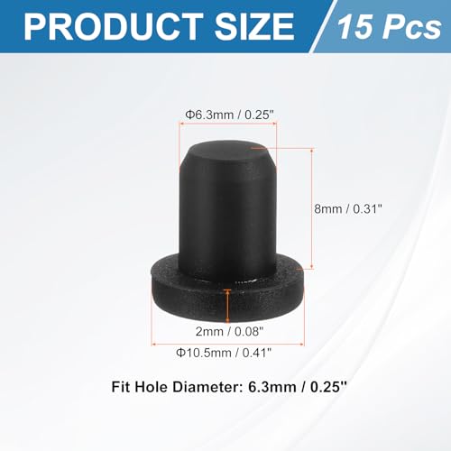 Image of uxcell 15Pcs Silicone Hole Plug, Waterproof Solid T-Shaped Rubber Stoppers Bottle Seal Tube Pipe Plug End Cap for 6.3mm /0.25 inch Hole for Bathtub Bottle, 0.31 inch Plug Height, Black