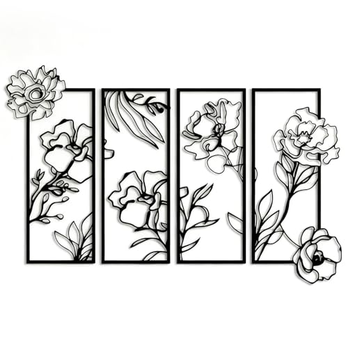 hocadon 4 peças decoração de parede com floral de metal minimalista decoração ferro parede ornamentos de mural de metal preto para sala de estar, varanda, quarto, escritório, alpendre