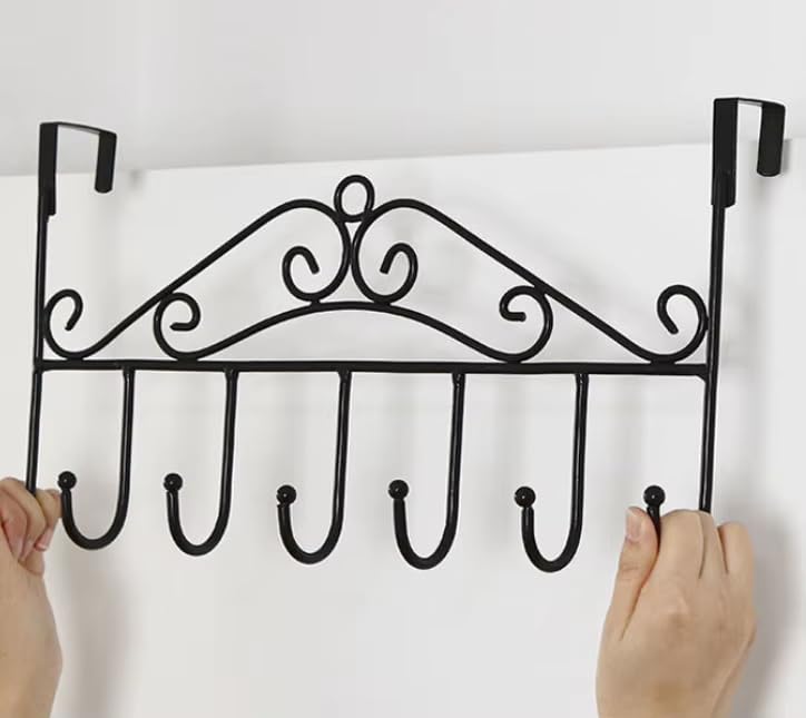 Over Door Hooks Hanger Rack Heavy Duty Metal Door Organizer 7 Hooks for Clothes Towels Bags Coat Holder Bathroom Bedroom Kitchen Storage Space Saving Black-image-26