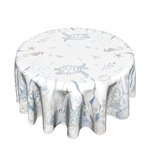 Giwawa Nautical Coastal Round Tablecloth 60 Inch, Ocean Sea Turtle Seahorse Coral Seaweed Starfish Washable Reusable Table Cover for Dining Room Party Picnic Dinner Decor, hllhh8H4SC2A_240113