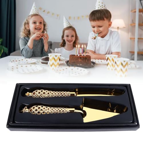 Gold Cake Knife and Server Set, Vintage Engraved Cutter for Wedding, Birthday, Thanksgiving, and Christmas, Zinc Alloy, 2pcs - Image 3