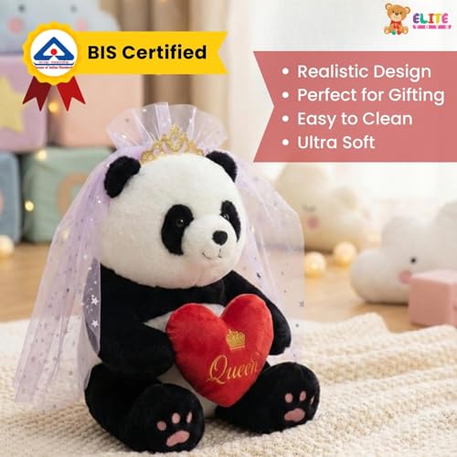 Image of ELITE CREATIONS Queen Panda Soft Toy with Crown & Veil Holding Queen Heart Cushion | 40 cm Cute Panda Teddy Bear | Romantic Gift for Girlfriend Wife Kids | Valentine Birthday