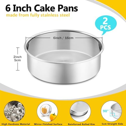 P&P CHEF 6 Inch Cake Pan Set of 2, Stainless Steel Round Baking Layer Cake Pans, Non Toxic & Healthy, Leak-proof & Easy Clean, Mirror Finish & Easy Releasing, Oven & Dishwasher Safe - Thumbnail 4